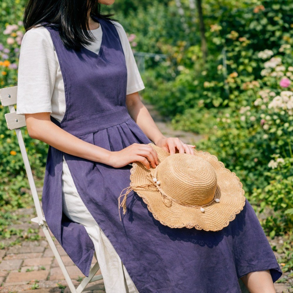 린넨 장금이 원피스앞치마 예쁜에이프런 옆트임 카페 바레스타 꽃집 어린이집선생님 롱앞치마 공방 윤스테이 한복 제인파커, 블루네이비, 1개 상세 이미지 2