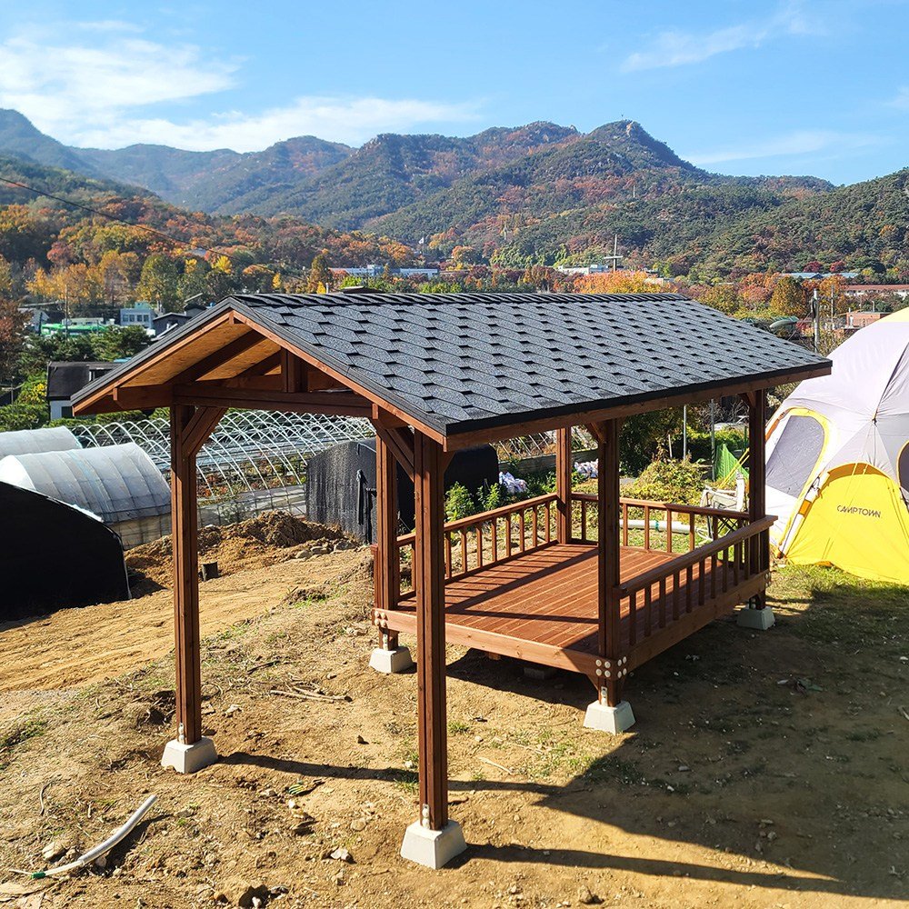 [자연쉼터] 확장형 도색 원두막 정자 (3면 난간과 주춧돌 포함 시공비 별도), 확장형-슁글지붕 (5.0M*2.3M), 4) 밤색 상세 이미지 1
