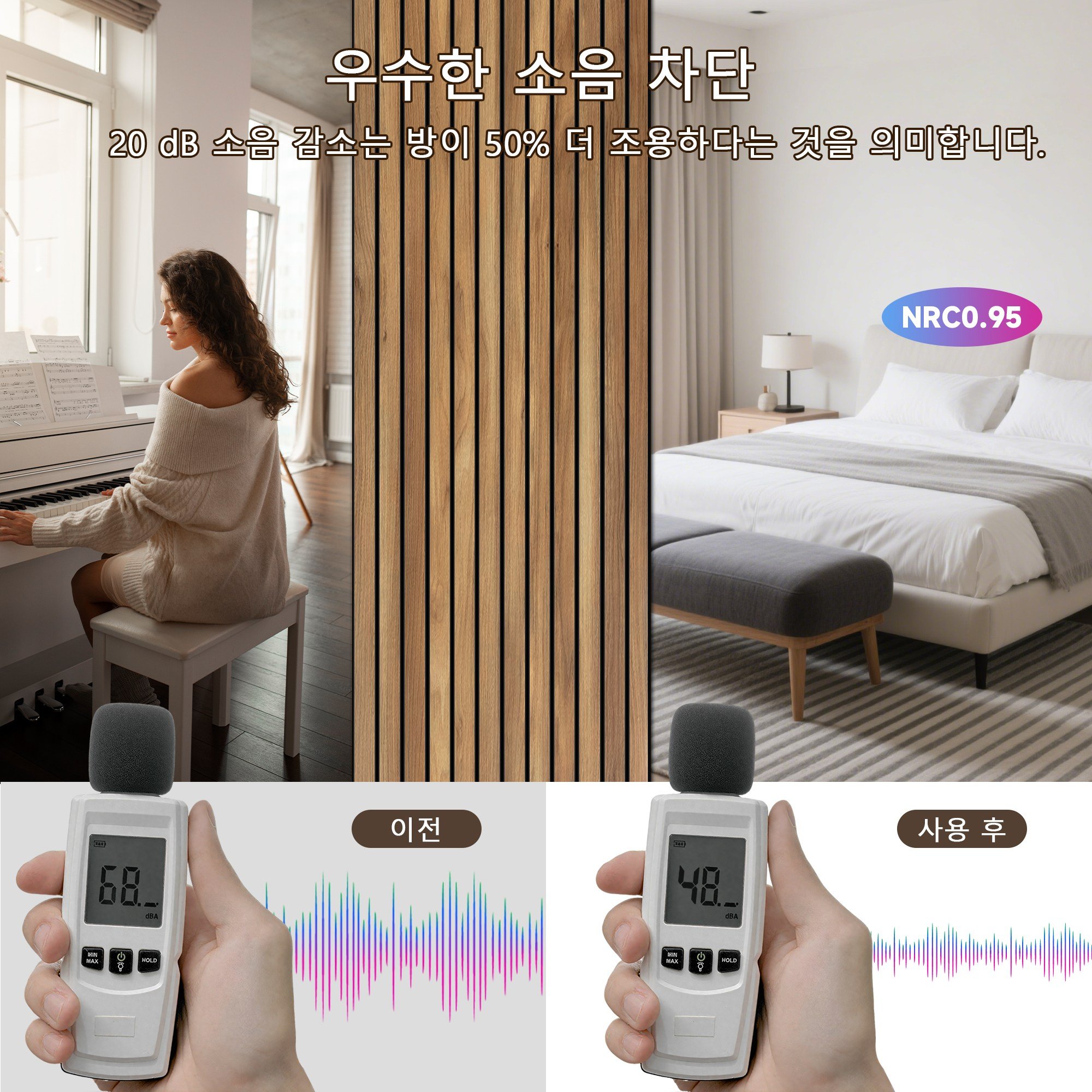 흡음보드 120cm x 60cm x 0.9cm 음향 패널 가정 사무실 스튜디오용 실내 벽 장식용 모던 견고하고 내구성 무게가 가볍다, 4개, brown-teak 상세 이미지 2