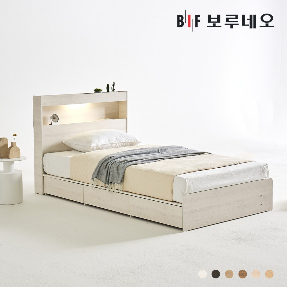 보루네오 루나Po LED 3서랍 수납 침대 슈퍼싱글 SS 양면 매트리스 세트, 라이트오크 상세 이미지 1