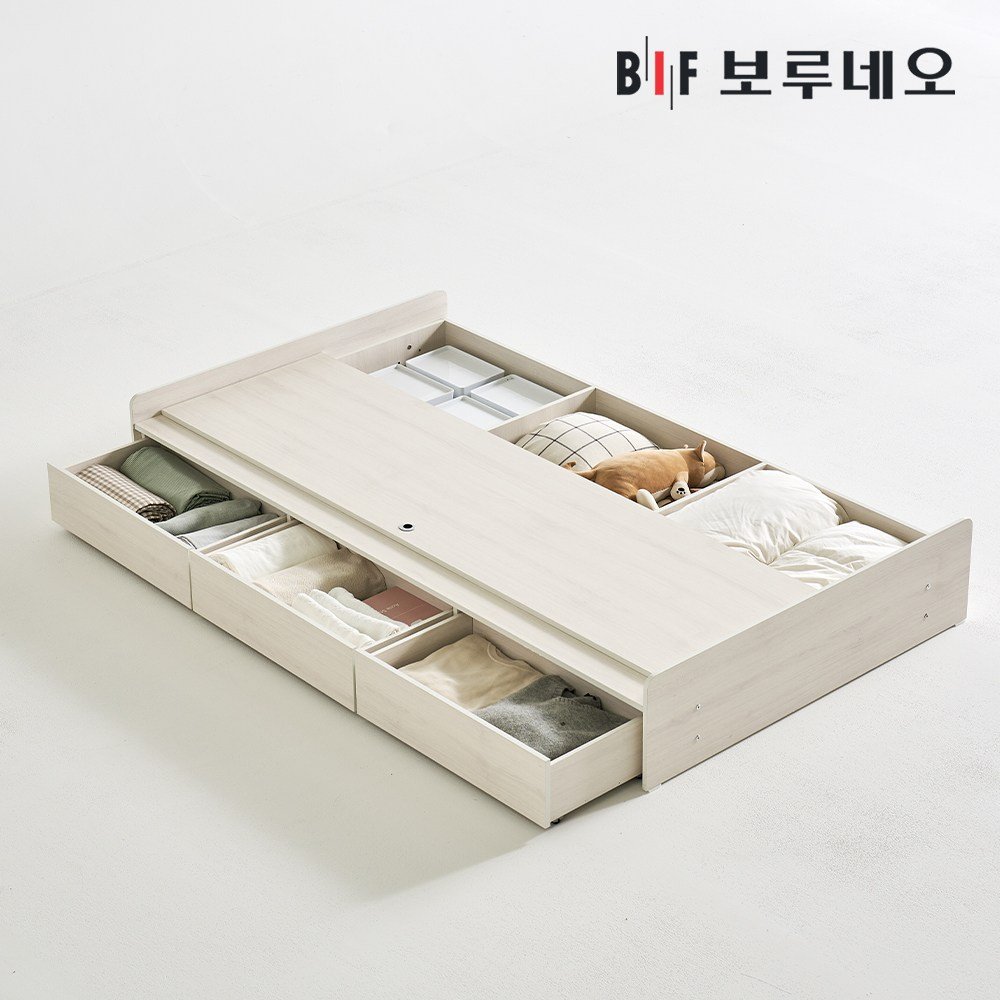 보루네오 루나Po LED 3서랍 수납 침대 슈퍼싱글 SS 양면 매트리스 세트, 라이트오크 상세 이미지 2