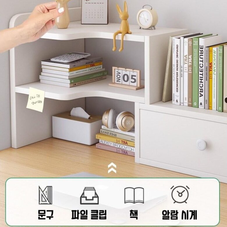 책상 책꽂이 선반 다용도 탁상용 책장 길이 조절형 책상정리 3단 선반 수납 선반 세트 미니 서랍 정리대 도어 오픈 수납 선반, 원목색할인 상세 이미지 1